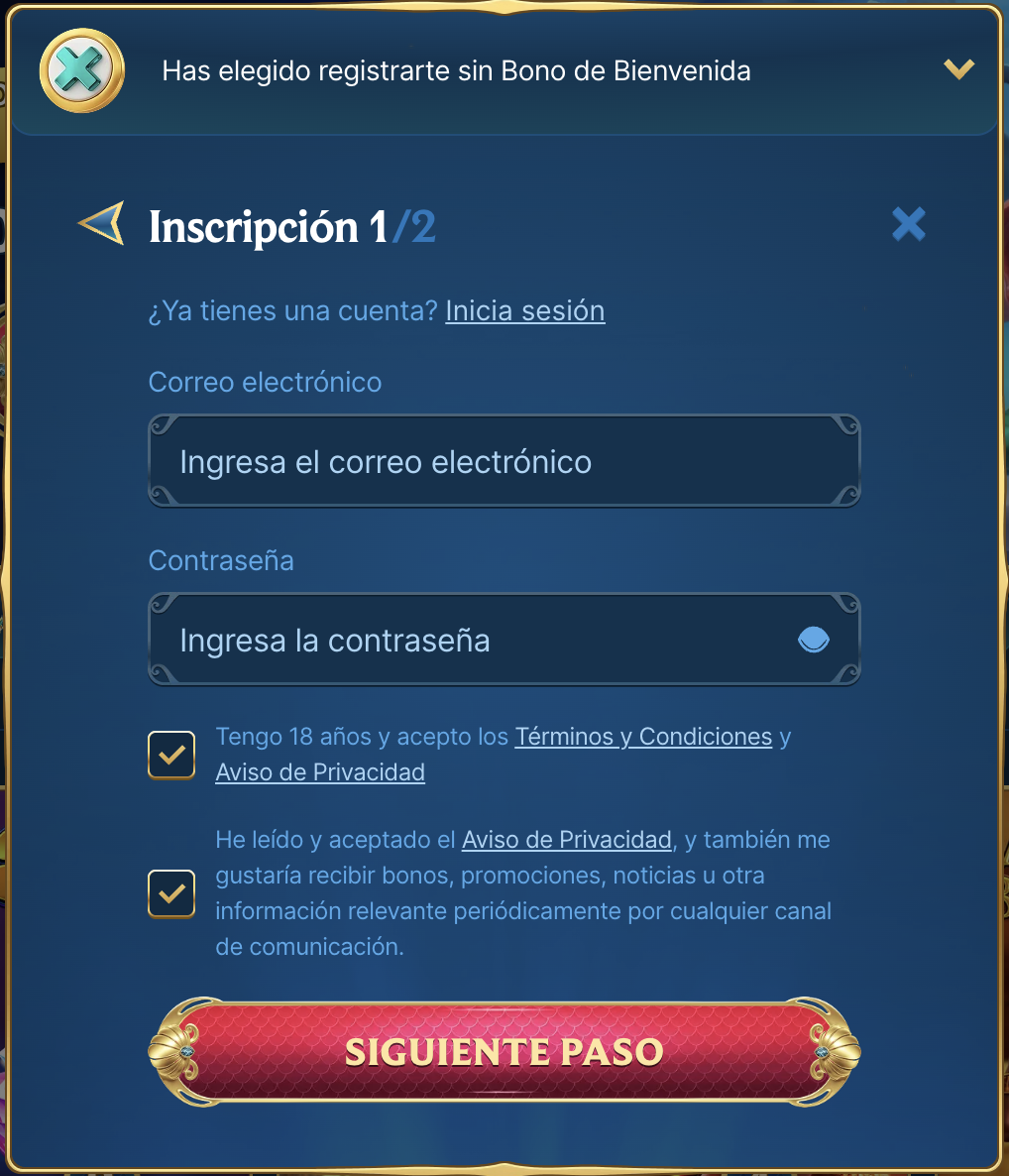 registro en AquaWin Casino 1
